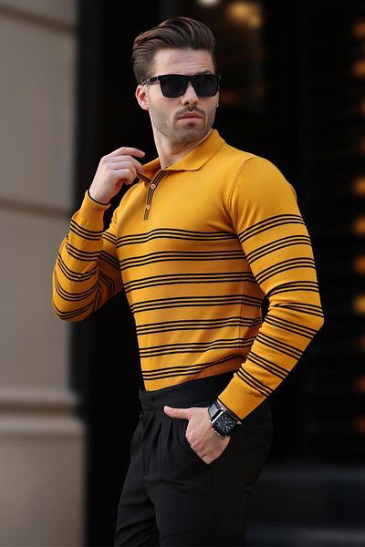Madmext Mustard Buttoned Polo Collar Striped Long Sleeve Sweater 7270