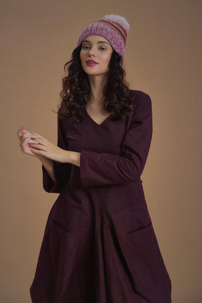 Los banditos Μακρυμάνικο μπαλόνι μπορντό φόρεμα με βαθύ λαιμό V