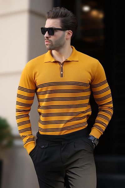 Madmext Mustard Buttoned Polo Collar Striped Long Sleeve Sweater 7270