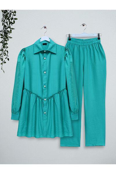 Modamorfo Shoulder and Front Gathered Pearl Buttoned Suit -A.Green