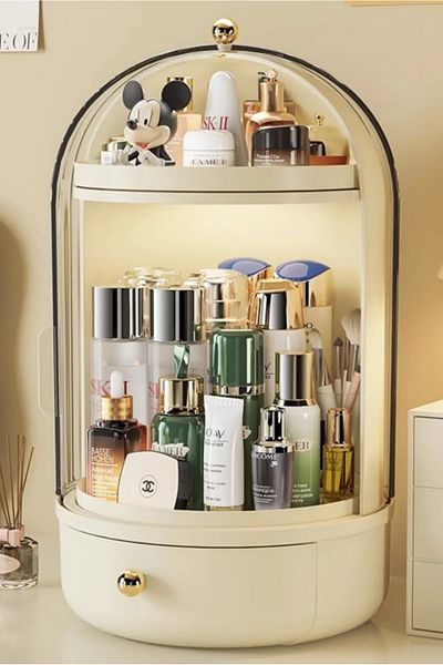 URVE Glow Display Rack 360 ​​Περιστρεφόμενη βάση Μακιγιάζ Καλλυντικά Organizer με συρτάρι ράφι θάλαμος