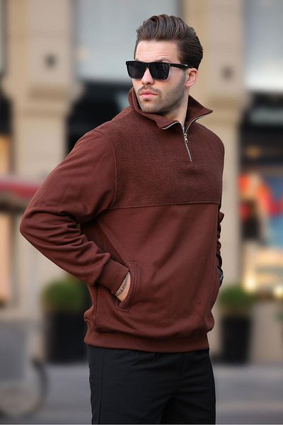 Madmext Φούτερ φλις με μισό φερμουάρ γιακάς Bitter Brown 7096