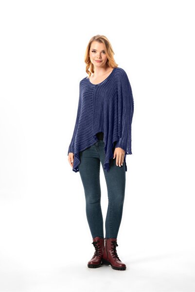 Eliş Şile Bezi Uzun Kol Şevval Geniş Yaka Ajurlu Sonbahar ve Kışlık Salaş Otantik Triko Bluz İndigo indg