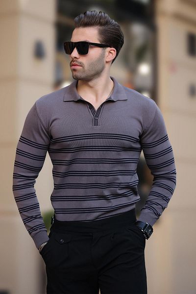 Madmext Gray Buttoned Polo Collar Striped Long Sleeve Sweater 7270