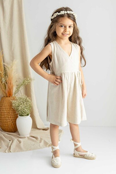 Oliven The Kid Bej Naturel Keten Pileli Kolsuz Anvelop Yanlardan Bağcıklı Kız...