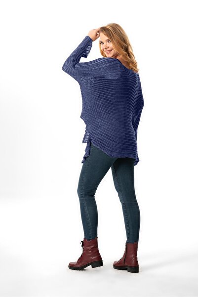 Eliş Şile Bezi Uzun Kol Şevval Geniş Yaka Ajurlu Sonbahar ve Kışlık Salaş Otantik Triko Bluz İndigo indg