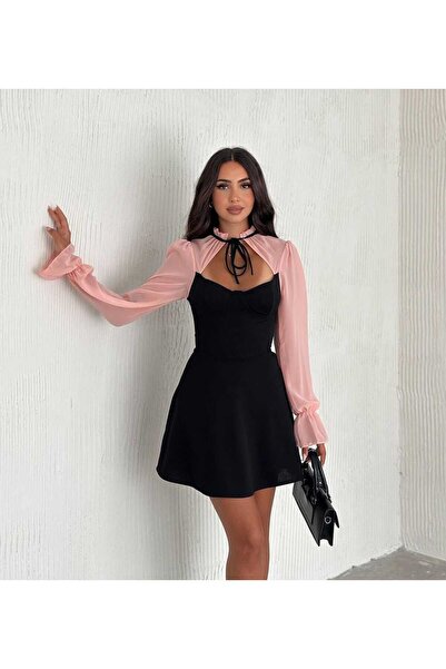 Elizar Moda فستان من الشيفون باللون الأسود السلمون مع تفاصيل ربطة عنق