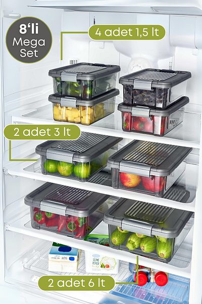 GRİMOR Life 8 Pieces Lockable Food Storage Container Refrigerator Organizer (4X1.5 Lt. 2X3 Lt. 2X6 Lt)-Dipfriz