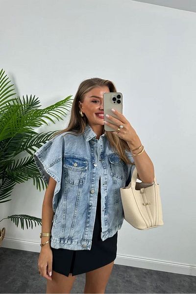 VESS MODA Vestă de damă cu balon cu mânecă zero, cu închidere laterală, detaliată, din denim, poncho