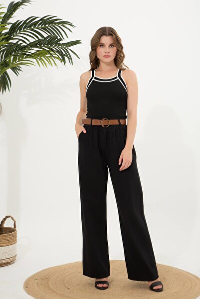 Ravencia Чорні брюки Palazzo - жіночі, з поясом і складками