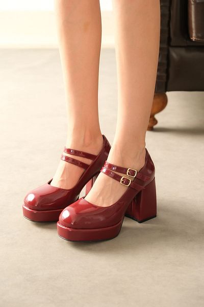 GOFFSHOES Claret Red-Patent Leather Women's Platformed Forlan Heeled Shoes