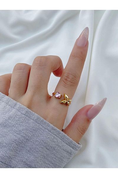 Eylülün Takısı Women's - Adjustable Color Pink Stone and Butterfly Model Ring