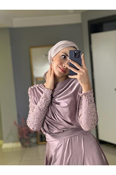 KATRE TEKSTİL فستان سهرة من الساتان مزين بالأحجار - فستان بأكمام من KENZEL