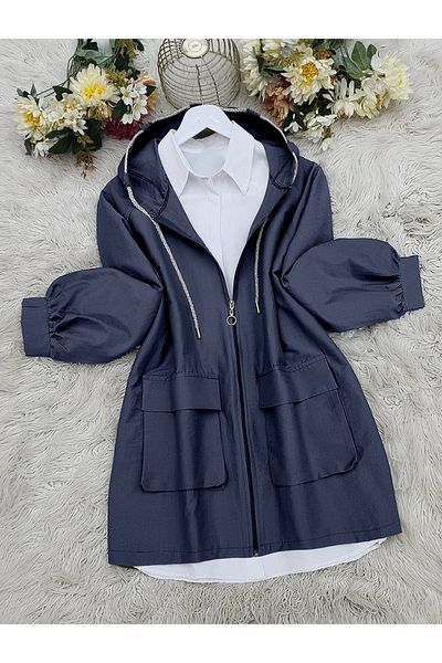 Modamorfo Navy Trench Coat with Hood, Zipper and Bag Pocket