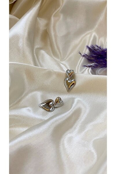 Eylülün Takısı Gümüş Renk Kalpli Sallantılı Küpe