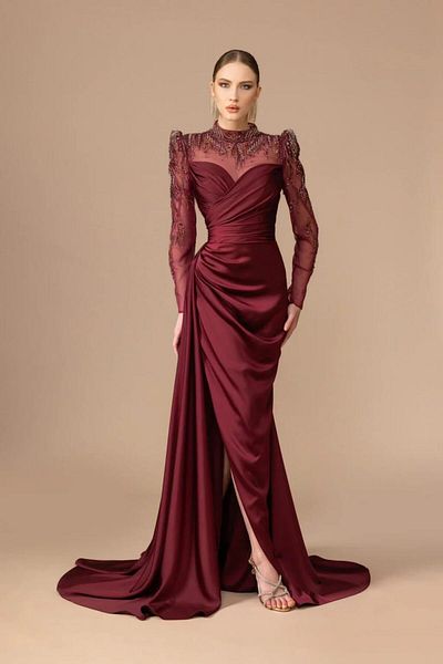 Katre Kenzel Plus Size - Sheer Long Sleeve and Slit Detail Long Evening Dress