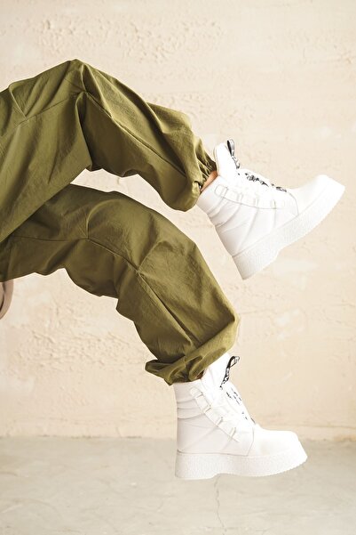 GOFFSHOES Kadın Medelin Paraşüt Malzeme Bağcıklı Bot - Beyaz