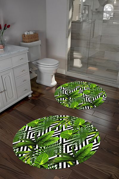Napoli Home Set de scaune de toaletă rotundă, lavabilă, cu model de flori clasice, KLOZET-60-GREEN,