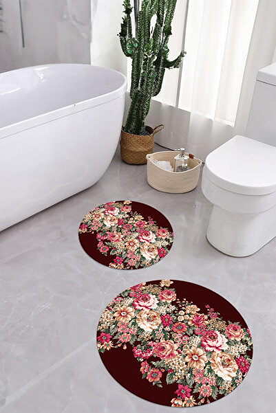 Napoli Home Digital Washable Colorful Floral Pattern Round Bath Mat Toilet Set