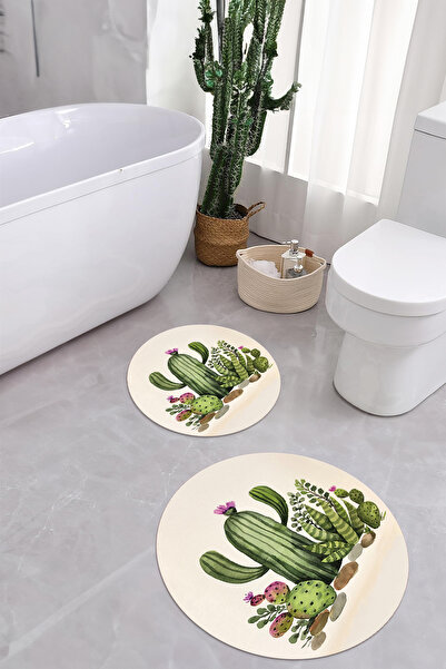 Napoli Home Ψηφιακό σετ τουαλέτας με αντιολισθητική βάση με σχέδιο κάκτου, στρογγυλό χαλάκι μπάνιου
