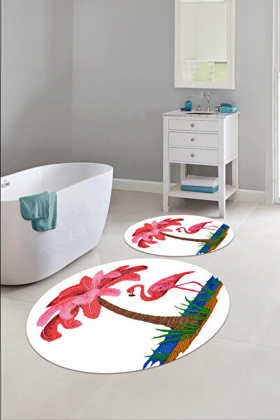 Napoli Home Ψηφιακό σετ τουαλέτας με στρογγυλό χαλάκι μπάνιου με μοτίβο φλαμίνγκο που πλένεται