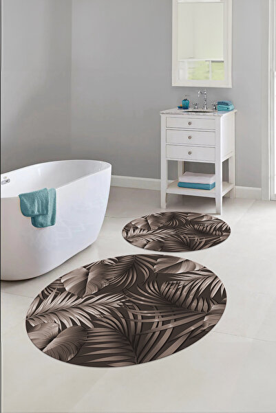 Napoli Home Ψηφιακό σετ τουαλέτας με μοντέρνο σχέδιο φύλλων, στρογγυλό χαλάκι μπάνιου