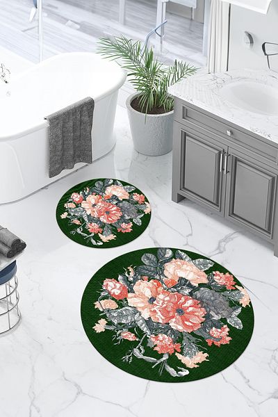 Napoli Home Set de scaune de toaletă rotundă, lavabilă, anti-alunecare, cu detalii florale, KLOZET-99-GREEN,