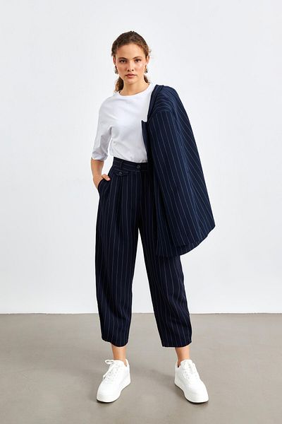 YOUR NAME Navy Blue Striped Women's Trousers - Pleat Detailed
