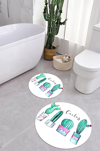 Napoli Home Друкована мийка нековзна підлога Кактус модель Кругла ванна килимок Туалетний комплект