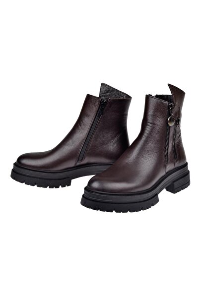 pullman Castle Black Hakiki Deri Fermuarlı Kadın Bot SK-26255 KAHVE