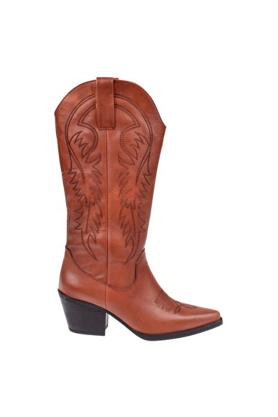 pullman Hakiki Deri İşlemeli Western Kadın Çizme PLM-011 TABA