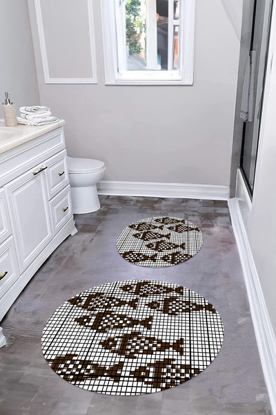 Napoli Home Ψηφιακό σετ τουαλέτας με αντιολισθητική βάση που πλένεται, μοντέλο ψαριού, στρογγυλό χαλάκι μπάνιου