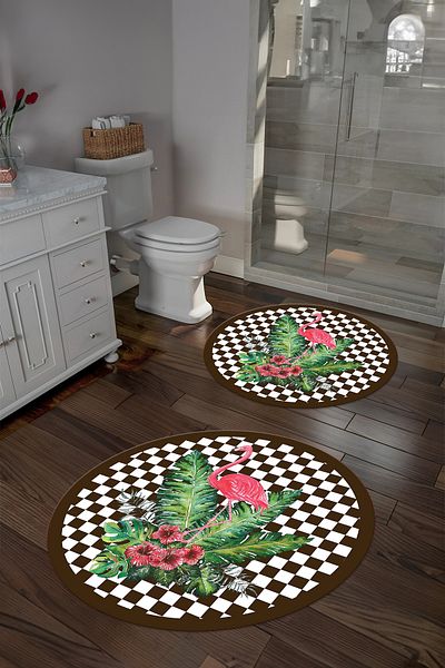Napoli Home Digital Washable Non-Slip Flamingo Patterned Round Bath Mat Toilet Set, Toilet-62-Brown,