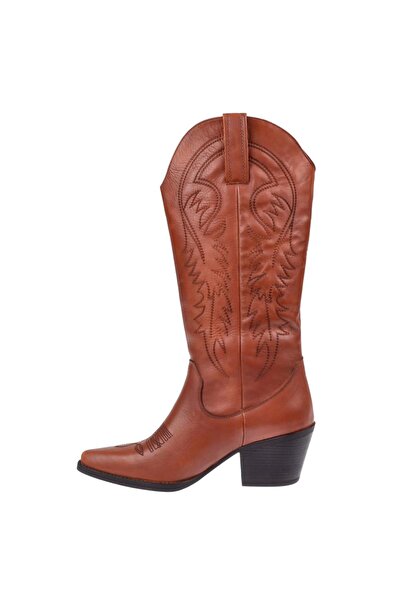 pullman Hakiki Deri İşlemeli Western Kadın Çizme PLM-011 TABA