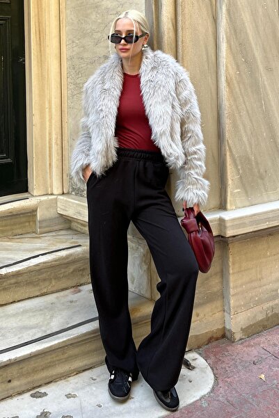 Madmext Siyah Beli Lastikli Yüksek Bel İspanyol Paça Triko Pantolon MG2211