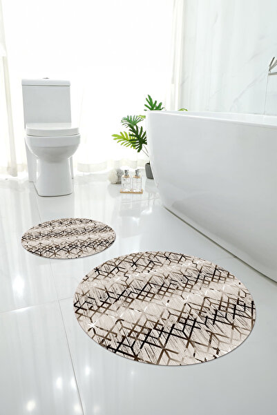 Napoli Home Ψηφιακό σετ τουαλέτας με αντιολισθητική βάση με σχέδιο γραμμής, στρογγυλό χαλάκι μπάνιου