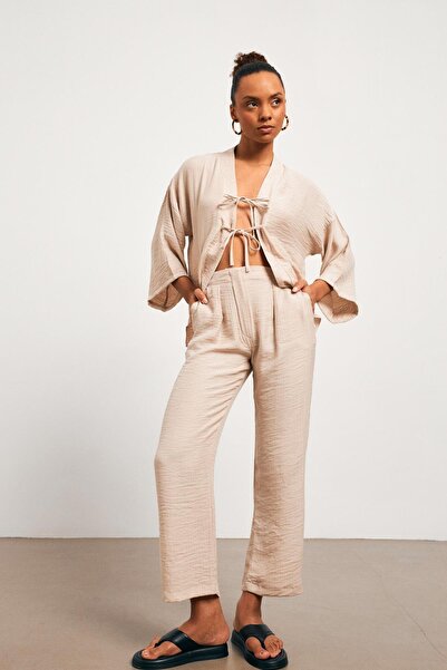 YOUR NAME Πλισέ μπεζ ύφασμα μουσελίνας φαρδύ παντελόνι