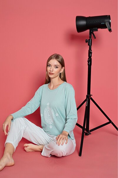 CALİA Women's Combed Cotton Crew Neck Long Sleeve Pajama Set