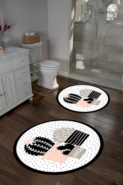 Napoli Home Σετ τουαλέτας με στρογγυλό χαλάκι μπάνιου με μοντέρνο μοντέλο κάκτου που πλένεται ψηφιακά