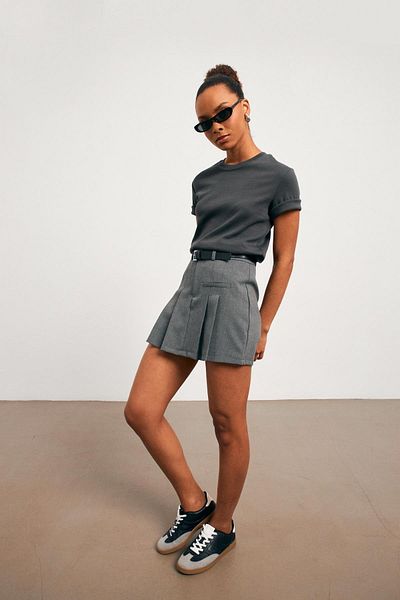 YOUR NAME Belted Pleated Gray Mini Shorts Skirt