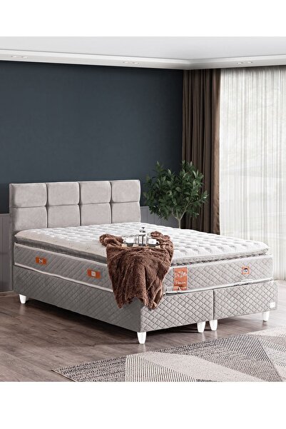 Setay Baza, Gümüş Çift Kişilik Baza Başlık Real Pedli Yatak Seti - Gri
