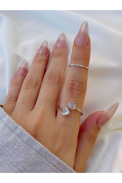 Eylülün Takısı Silver Colored 2-piece Stone Detailed Heart Model Women's Ring