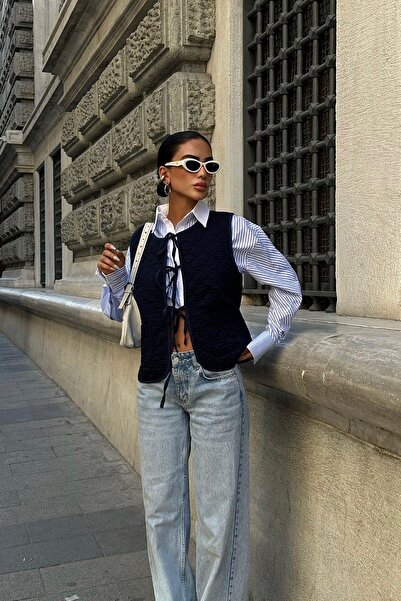 YOUR NAME Vestă de damă bleumarin cu buzunar cu cravată în față matlasată