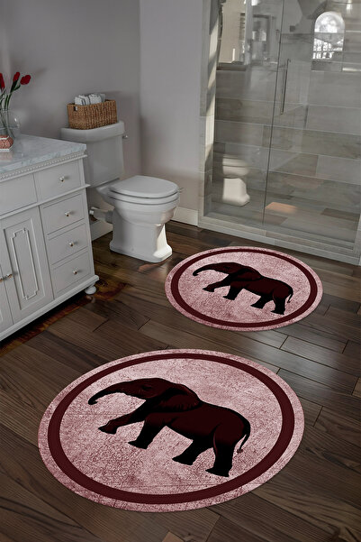 Napoli Home Printed Washable Non-Slip Base Round Bath Mat Toilet Set with Elephant Figure