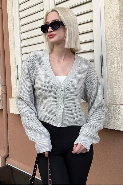 Madmext Long Sleeve Gray Crop Cardigan - Buttoned, Mg2198