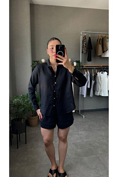 YOUR NAME Жіночі шорти з льону чорного кольору - з еластичним поясом