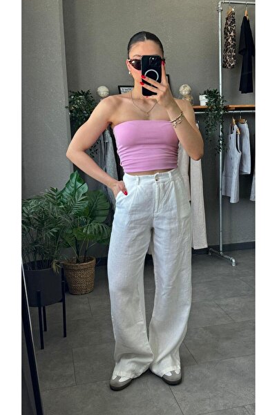 YOUR NAME Pantaloni albi de in - talie înaltă, pliuri și croială lejeră