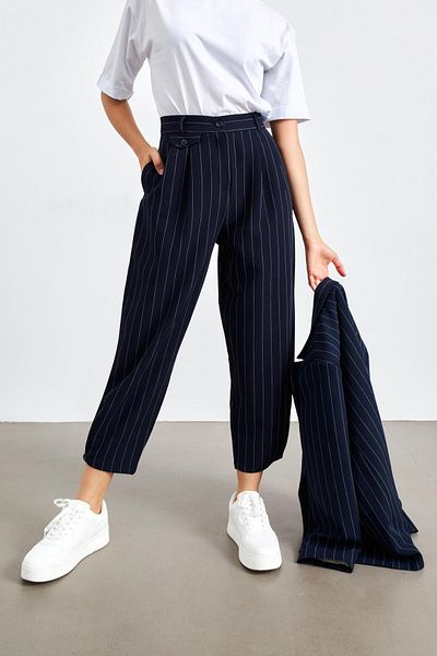 YOUR NAME Navy Blue Striped Women's Trousers - Pleat Detailed