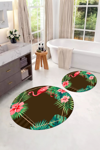 Napoli Home Digital Washable Colorful Flamingo Patterned Round Bath Mat Toilet Set, Toilet-67-Brown,