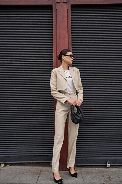 YOUR NAME Bež Lan Visok struk Nabrano Ženske palazzo pantalone